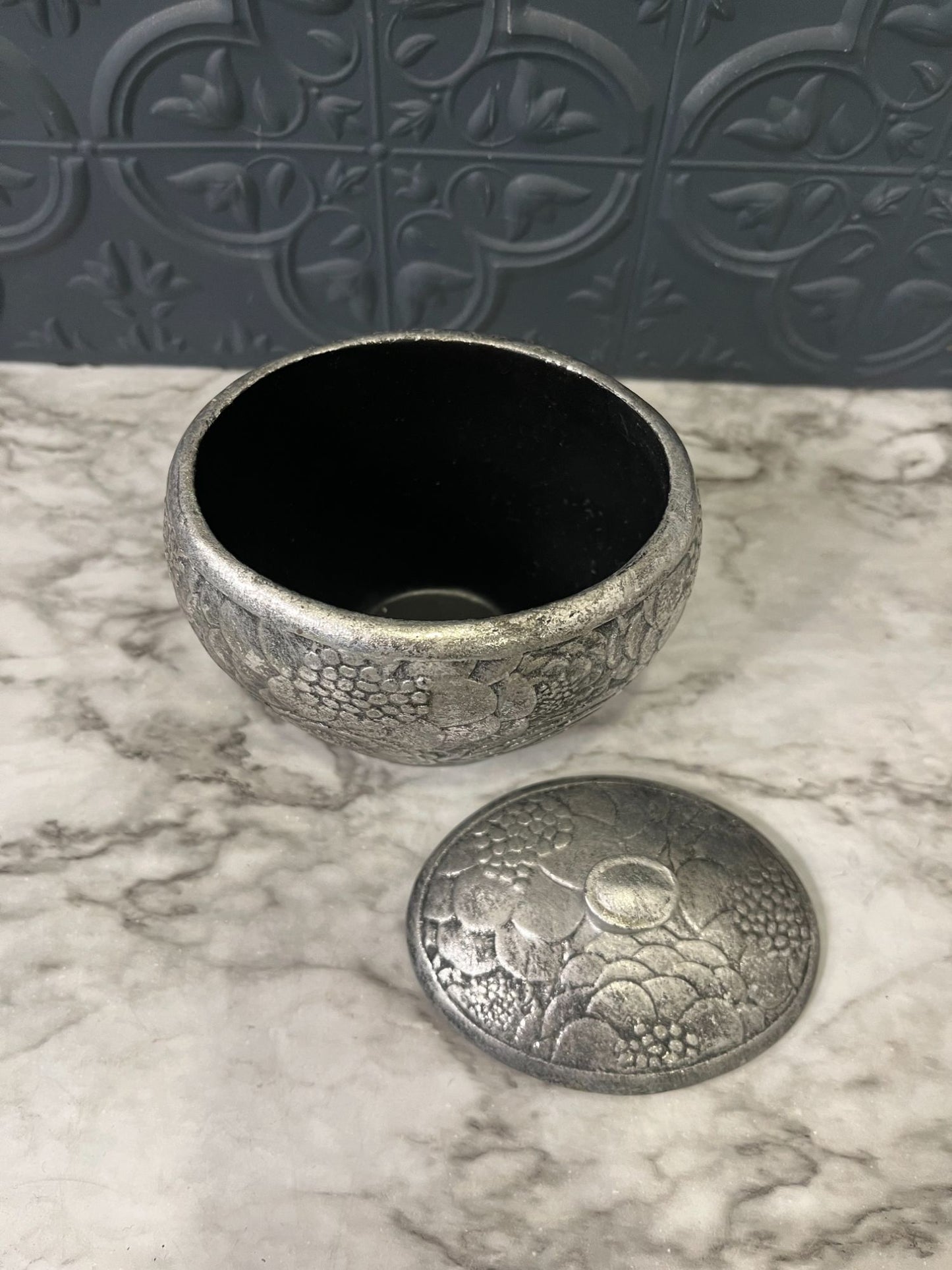 Hand Carved Resin Trinket bowl with lid Silver color