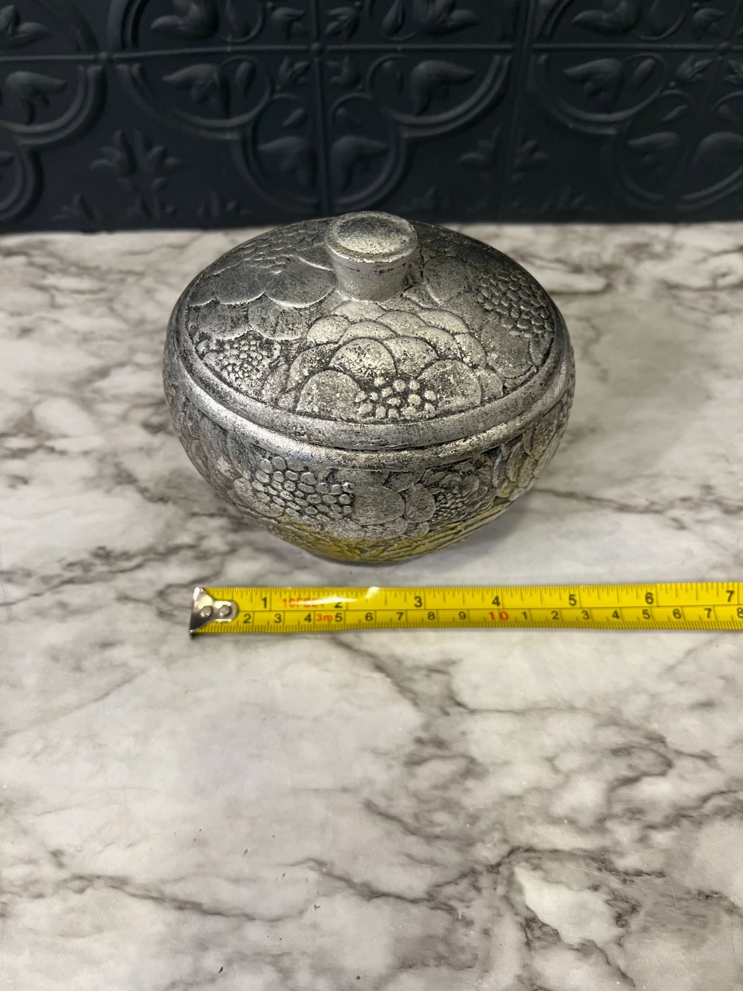 Hand Carved Resin Trinket bowl with lid Silver color