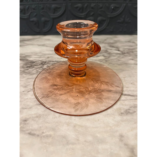 Pink glass candle holder with  etched base