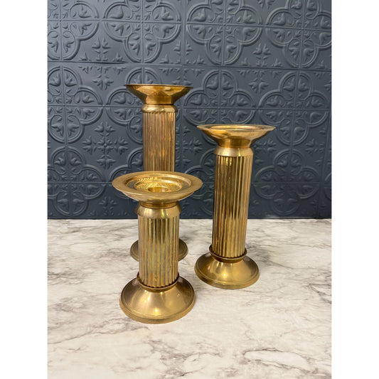 Brass column candle holders x3