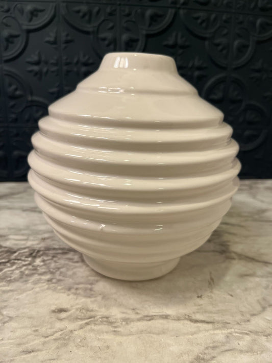 Round Ribbed White Ceramic  Vase