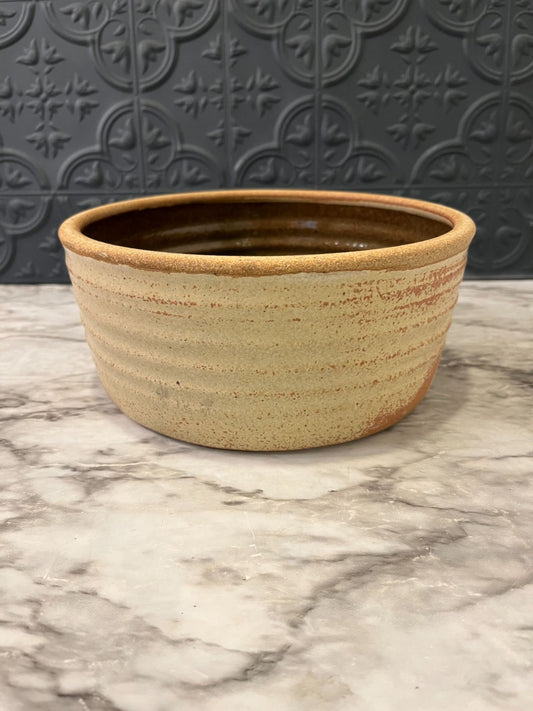 Tan Ribbed Pottery Bowl With Brown Glaze Inside