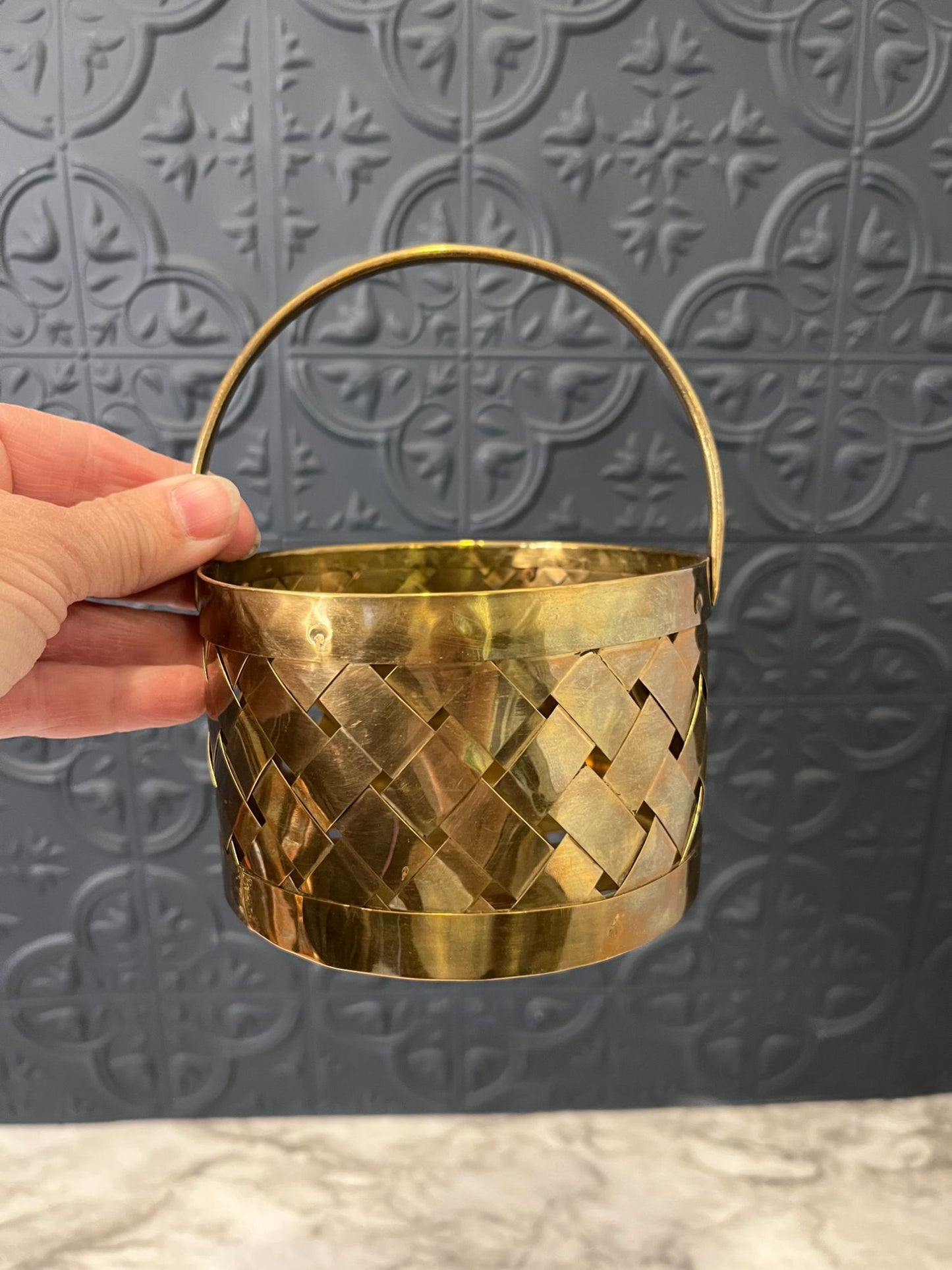 Round Woven Brass Basket with  handle