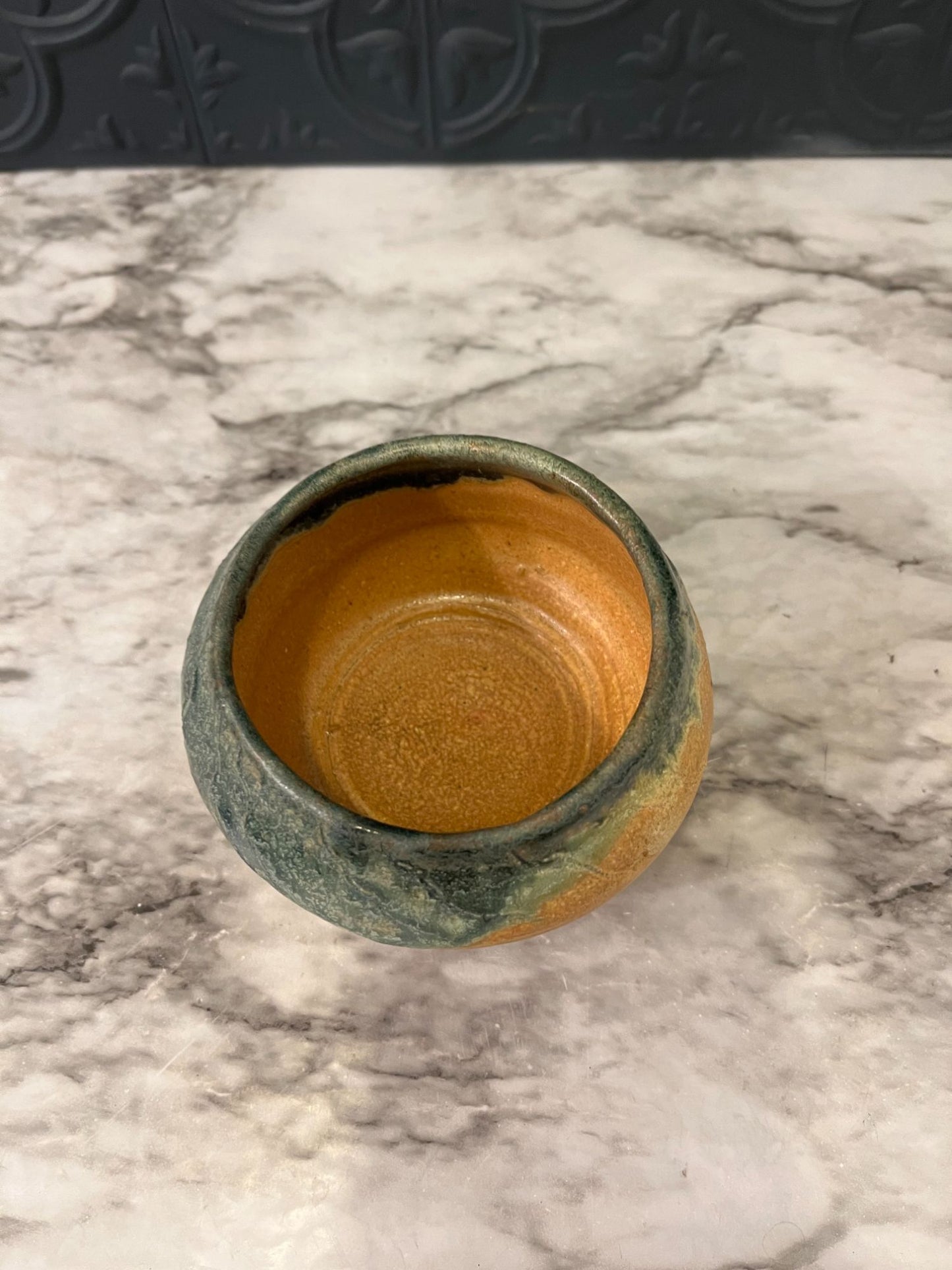 Small Tan Pottery Bowl with  Green Drip