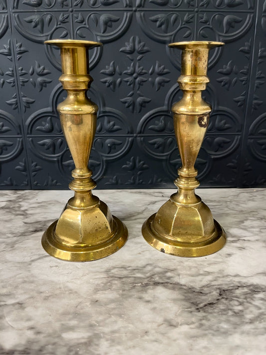 Brass Candle Holders with  Hexagon Base x 2