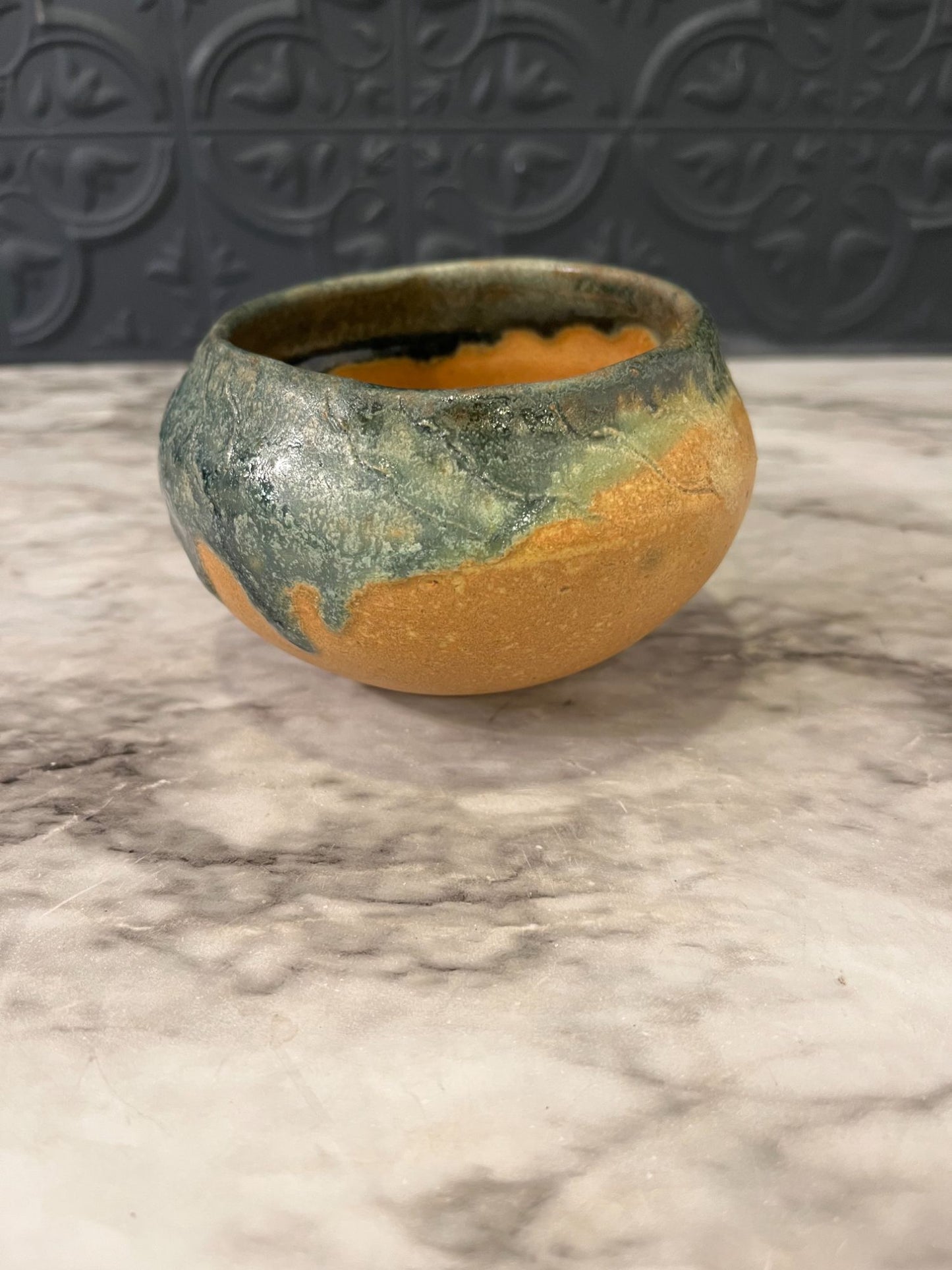 Small Tan Pottery Bowl with  Green Drip