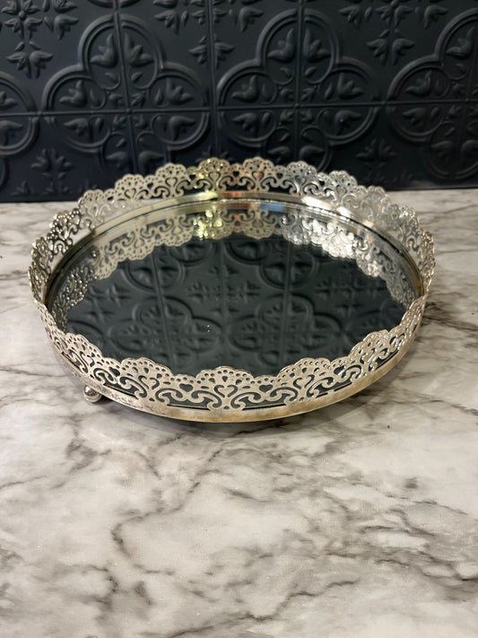 Round Filigree Mirror Tray Silver