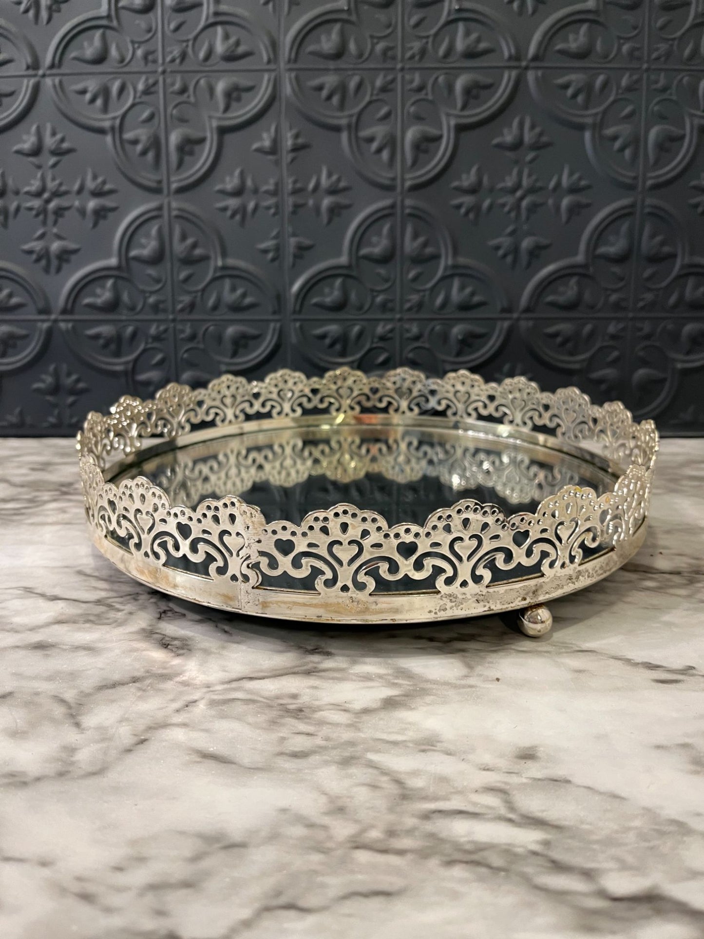 Round Filigree Mirror Tray Silver