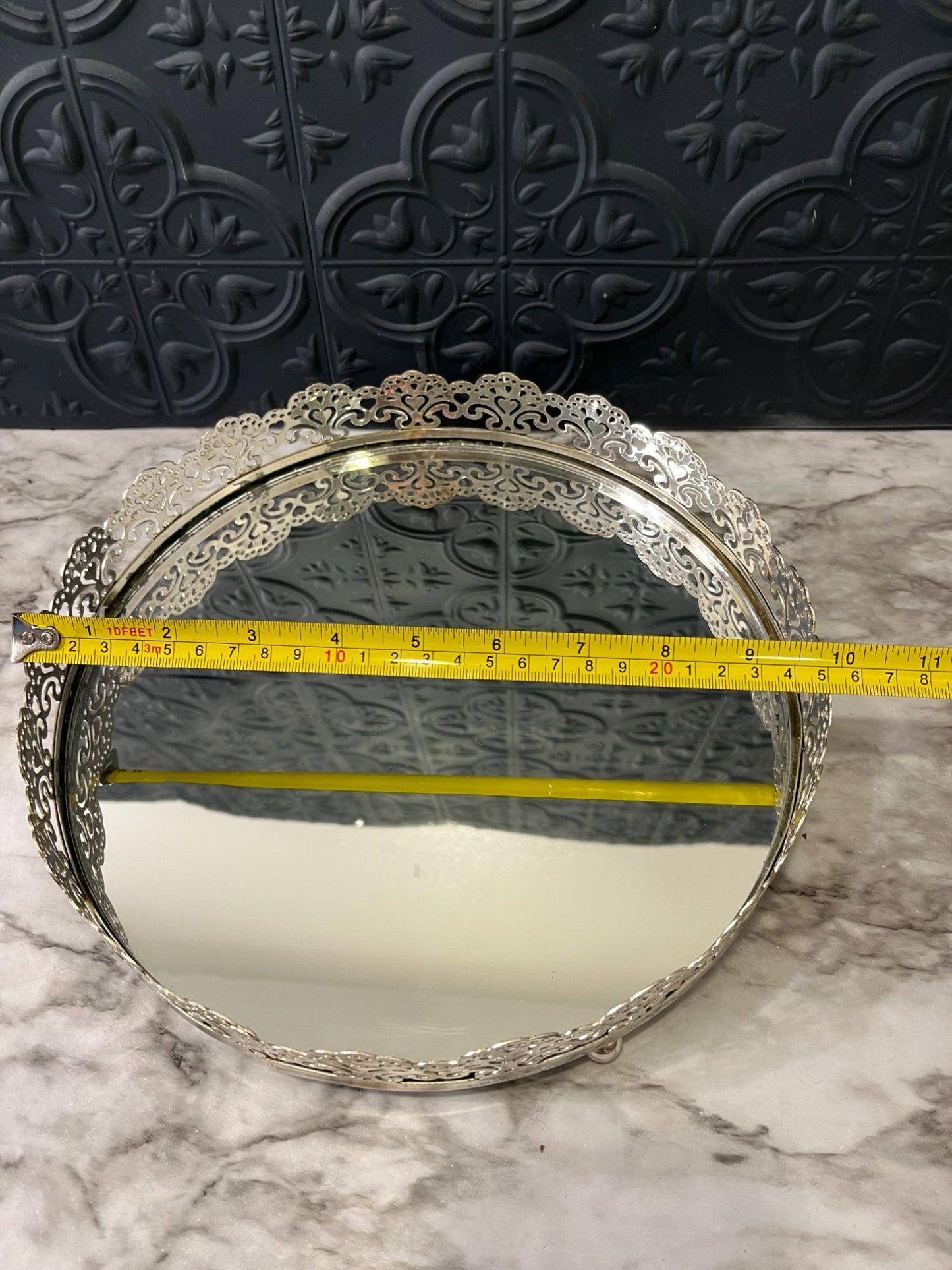 Round Filigree Mirror Tray Silver