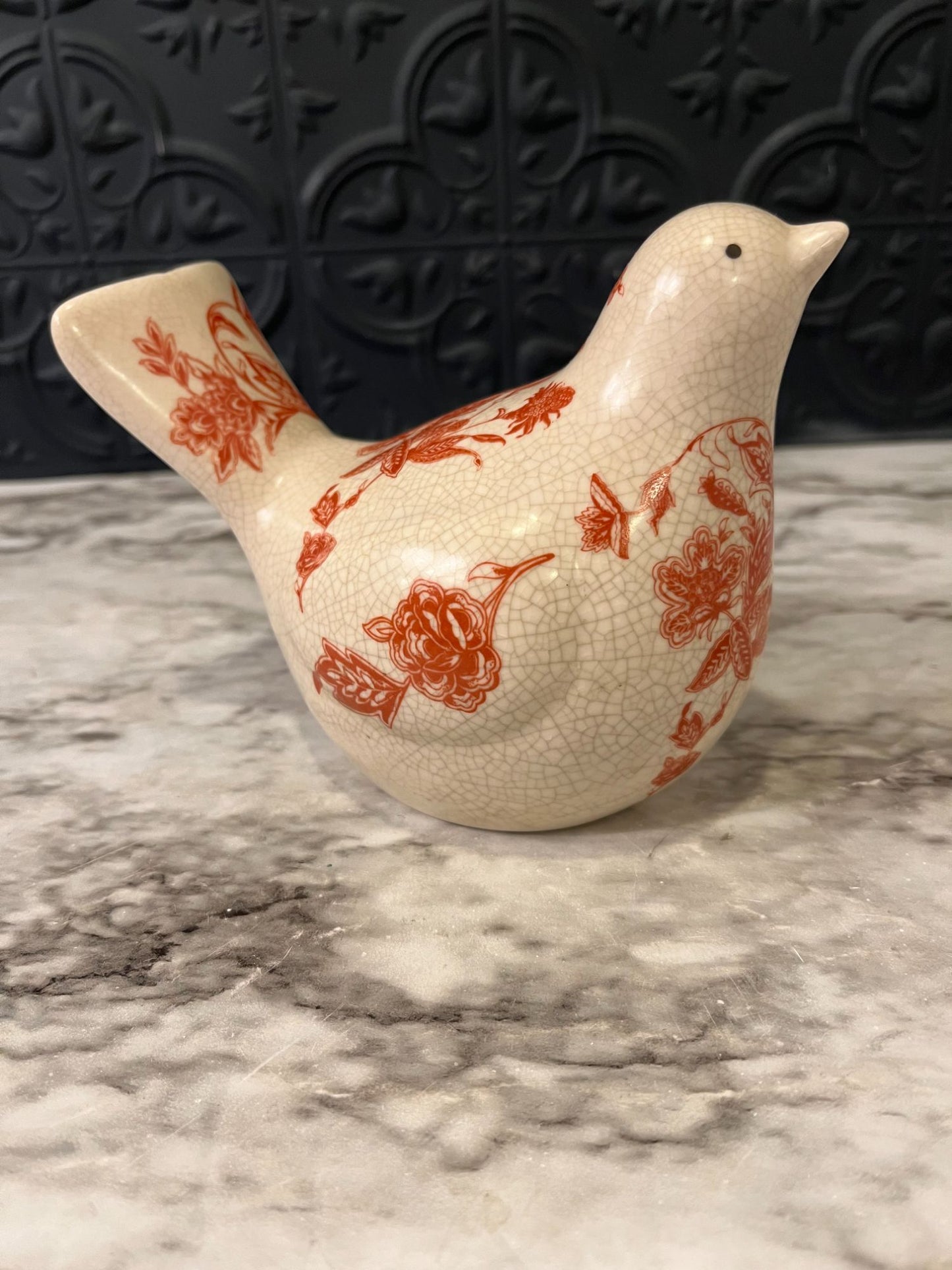 Cream Bird with Red Flowers