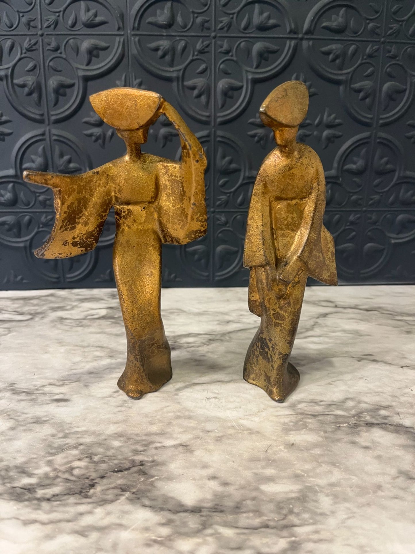 Gold Metal Geisha Figures x2