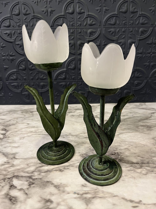 Metal and glass tulip votive  holders x2