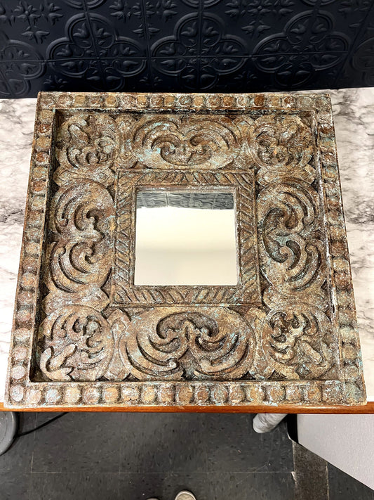 Wood Carved Mirror Teal and  Brown