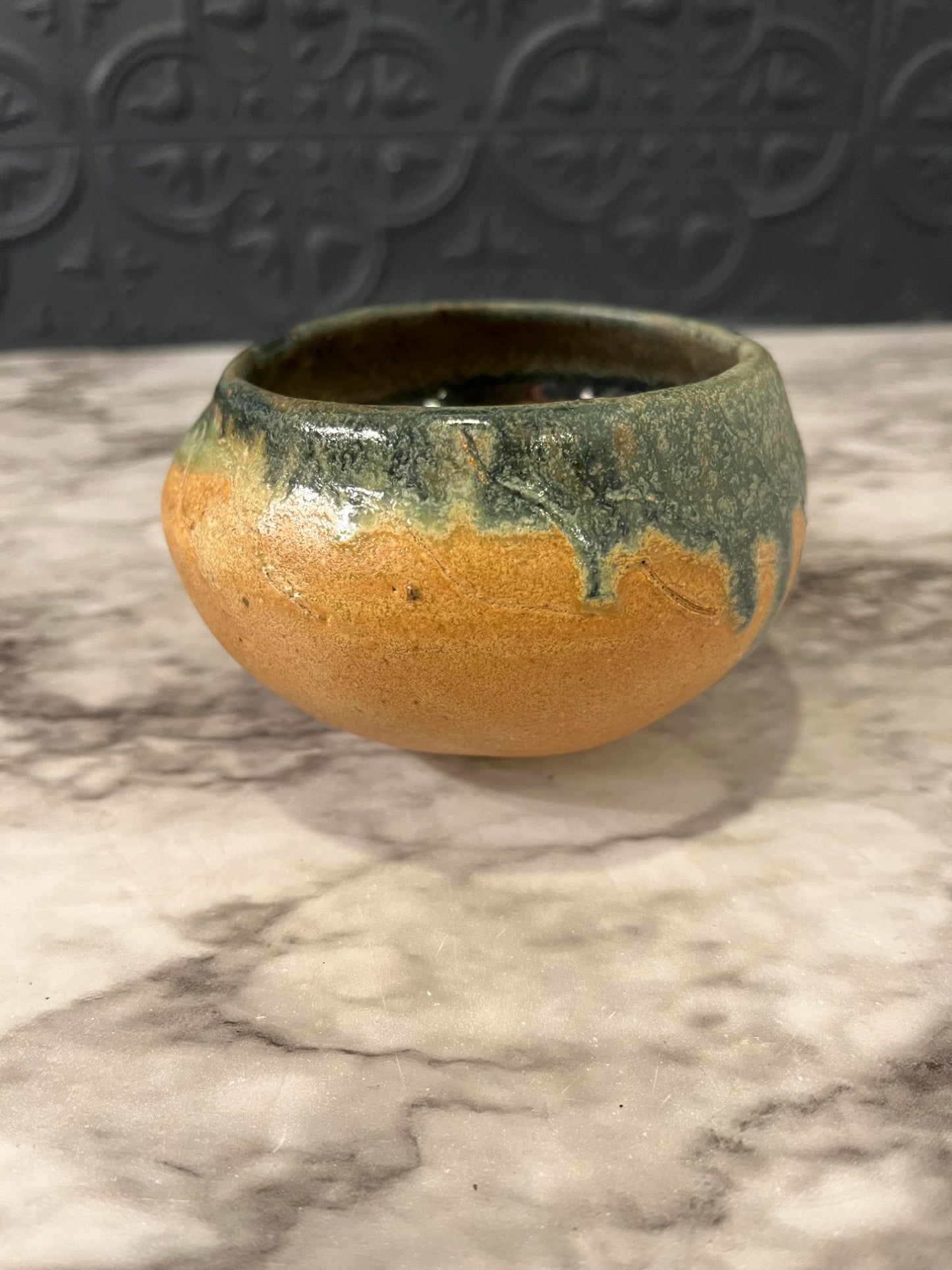 Small Tan Pottery Bowl with  Green Drip