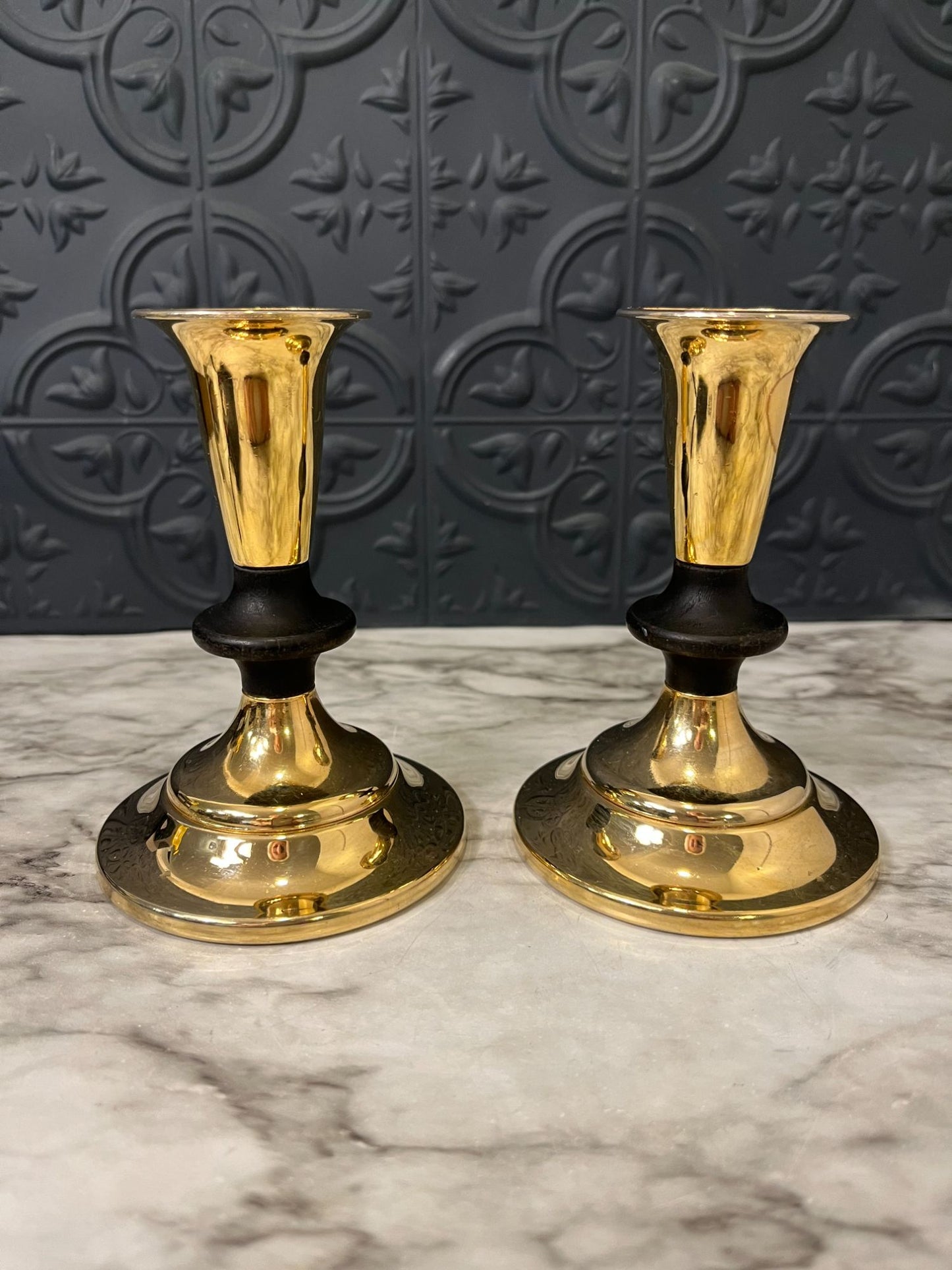 Kromex Brass Mid Century Modern Candle Holders Set of 2