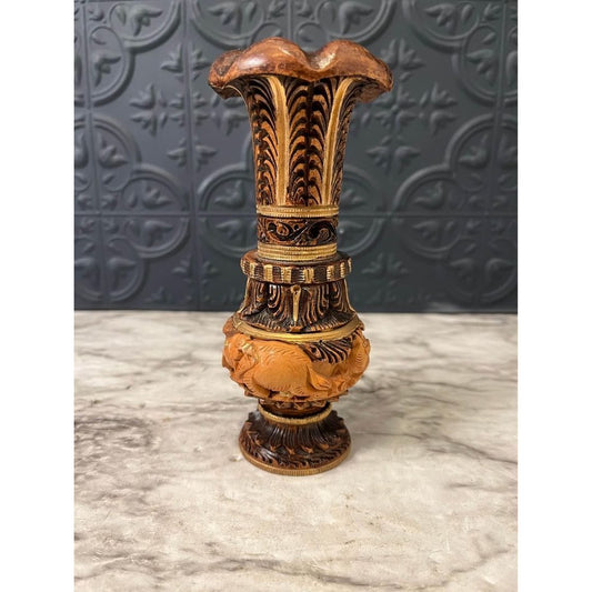 Wood Carved Bud Vase With Elephants