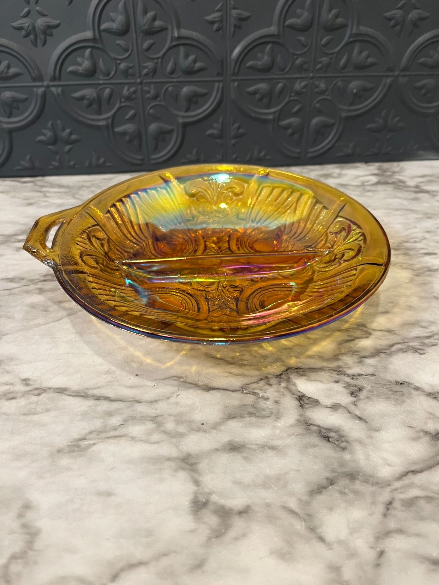 Marigold Carnival Glass Split Dish