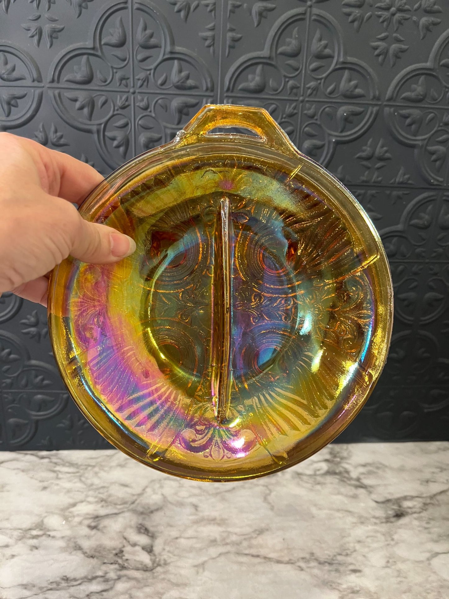 Marigold Carnival Glass Split Dish