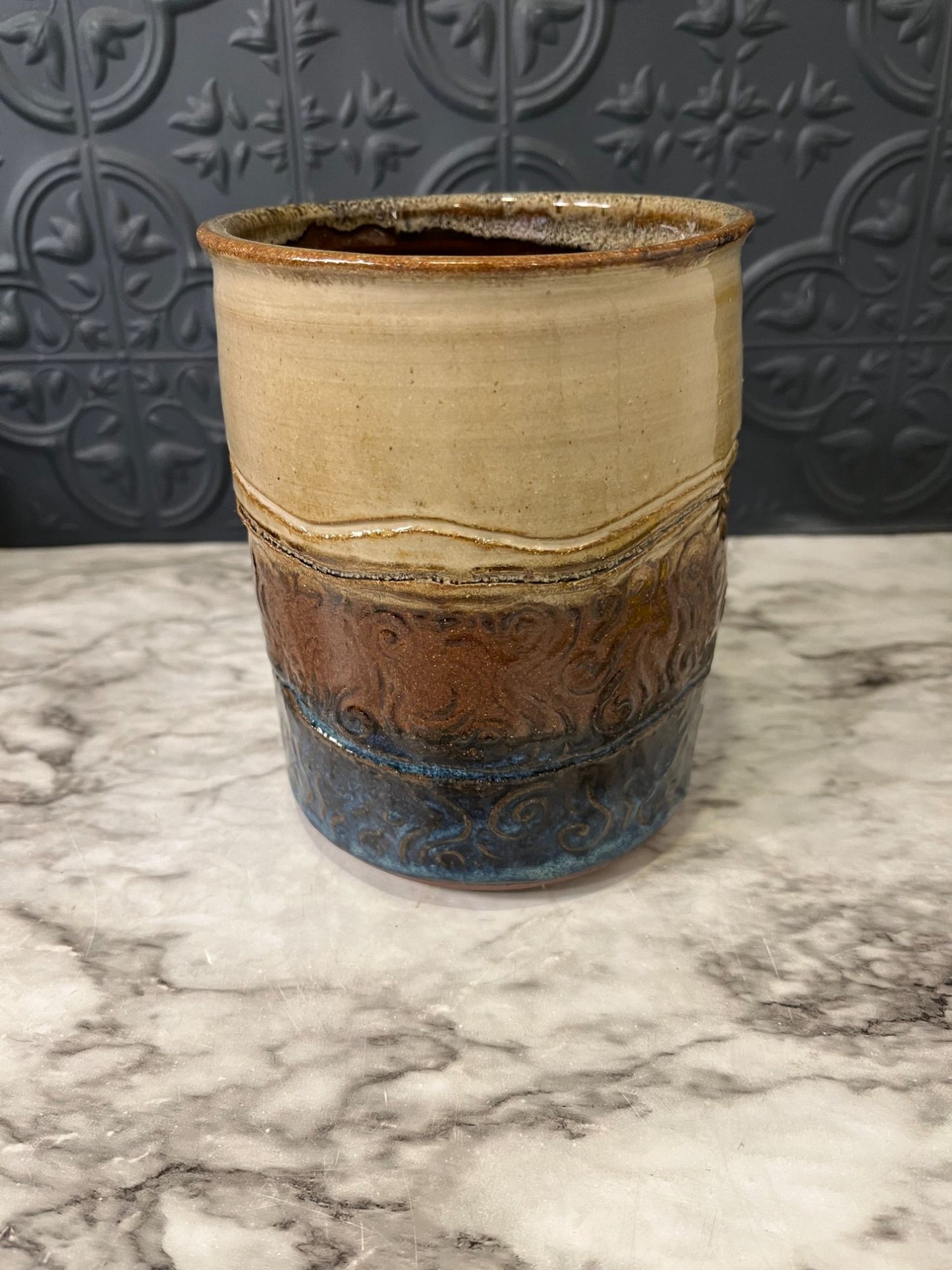 Cream Tan Blue Studio Pottery Vase