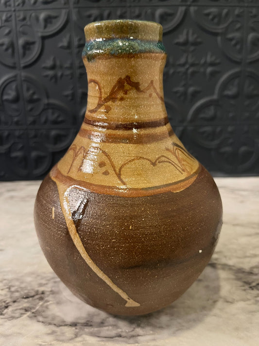 Brown and Tan Pottery Vase With Green Rim