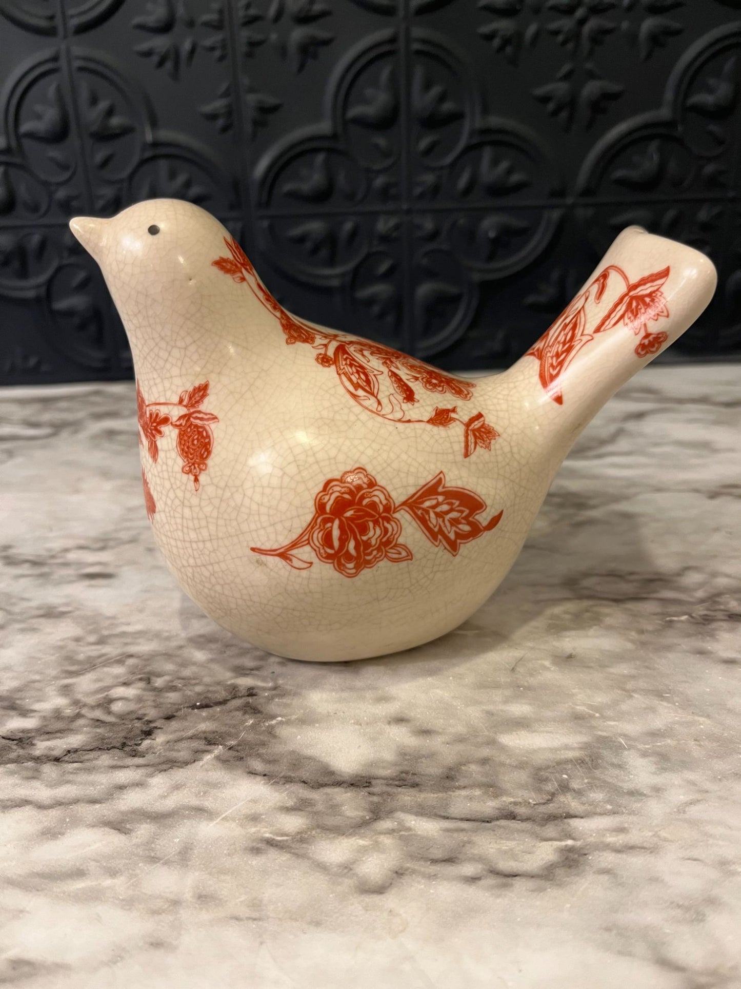 Cream Bird with Red Flowers