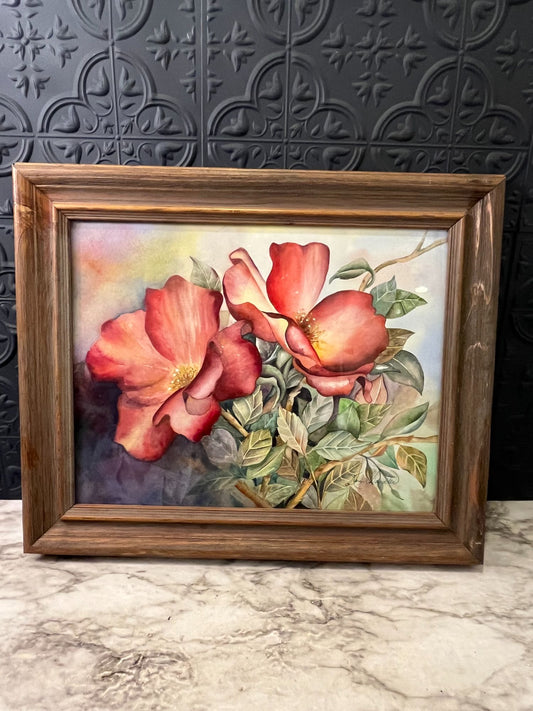 Original Watercolor Of Pink  Flowers in Wood Frame  Karen  Chandler