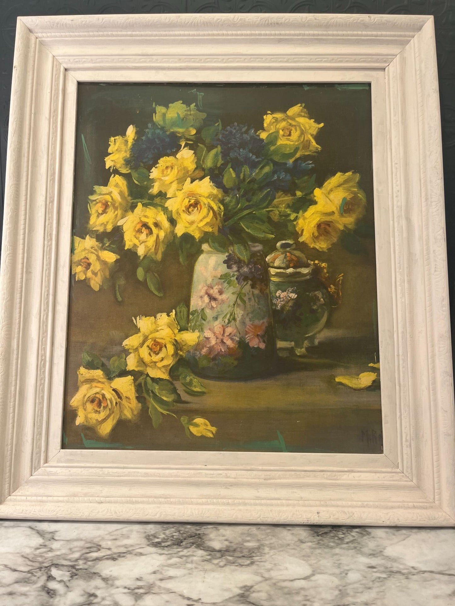 Yellow Rose print on board white  frame