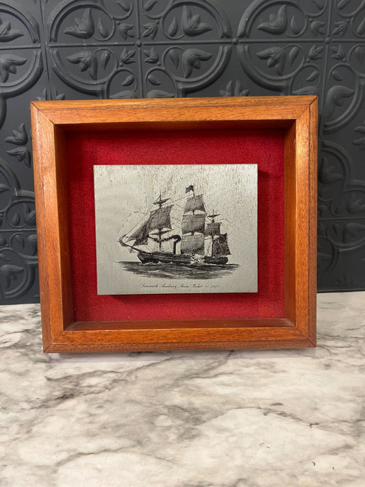 Etched Ship Framed with Red  Background