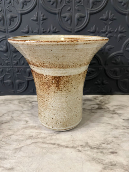 Gray/tan pottery vase wide top