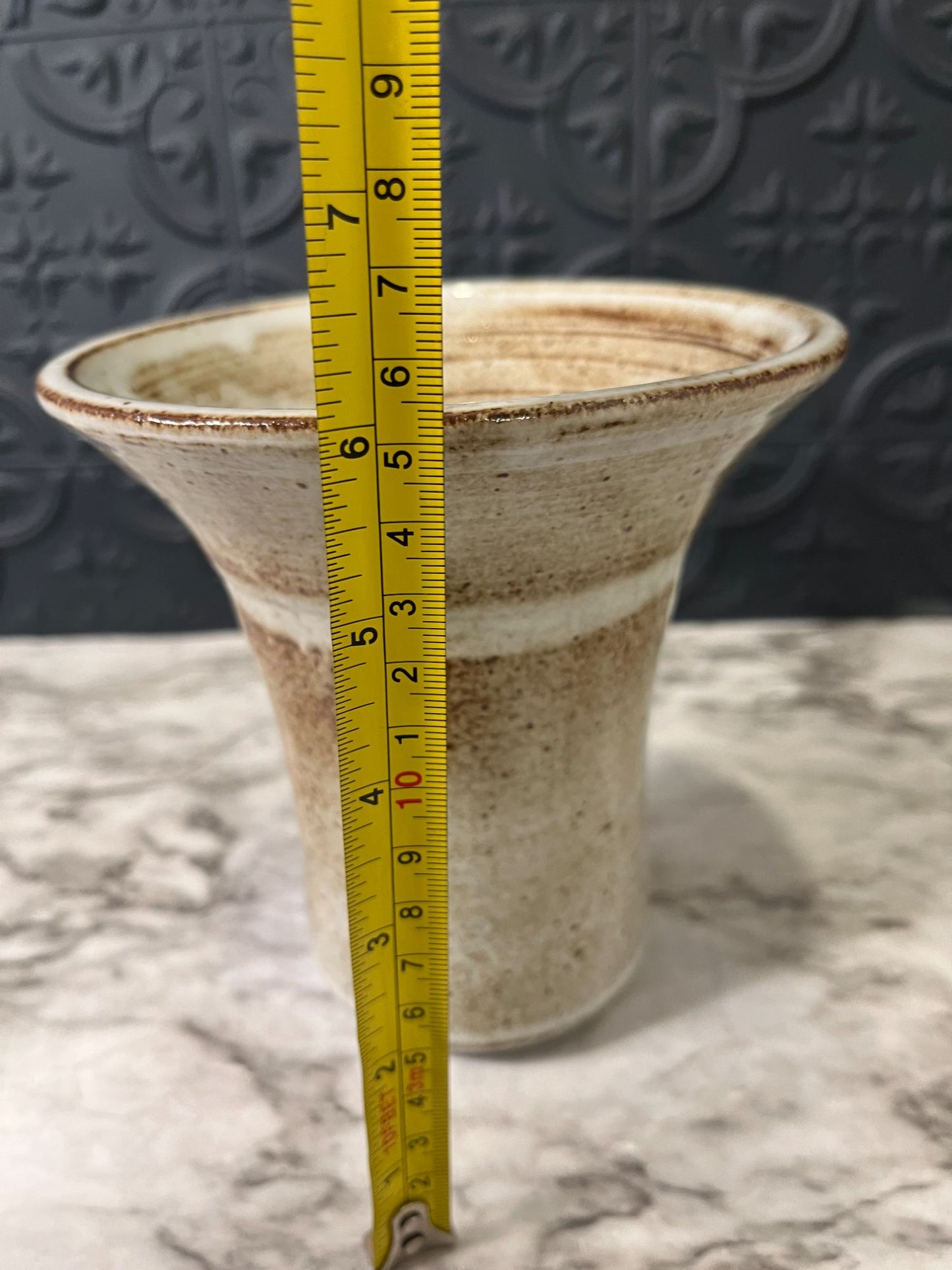 Gray/tan pottery vase wide top