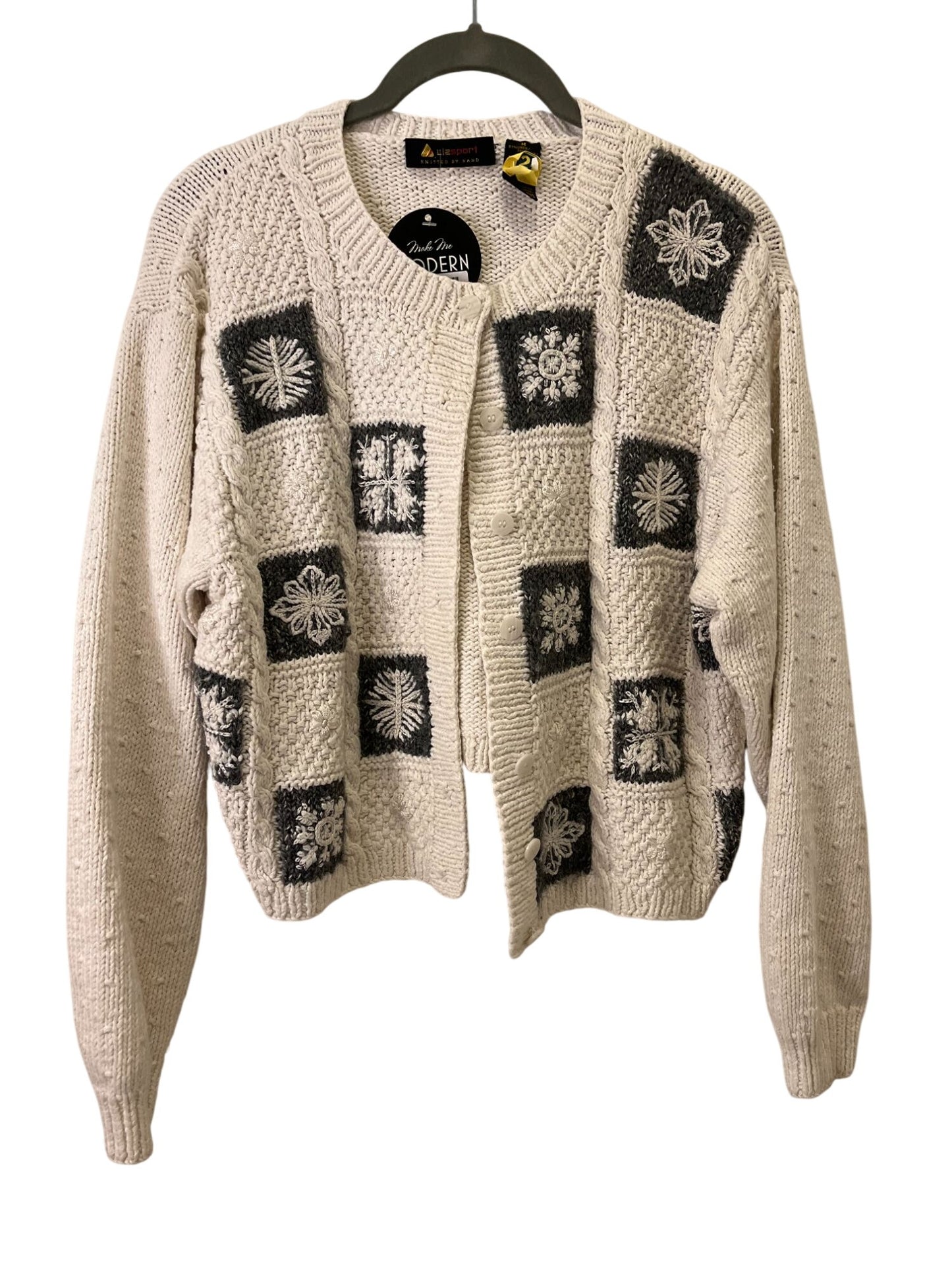 Vintage Lizsport Hand-Knitted Linen Wool Cardigan With Embroidered Patchwork