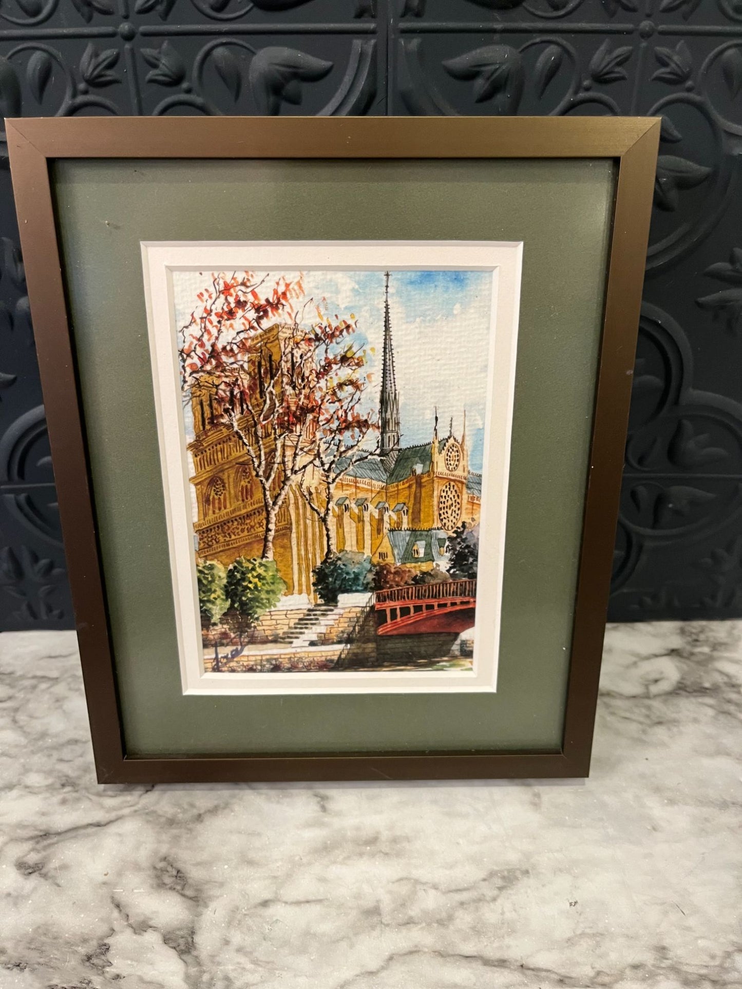 Framed Water Color of Notre Dame Signed