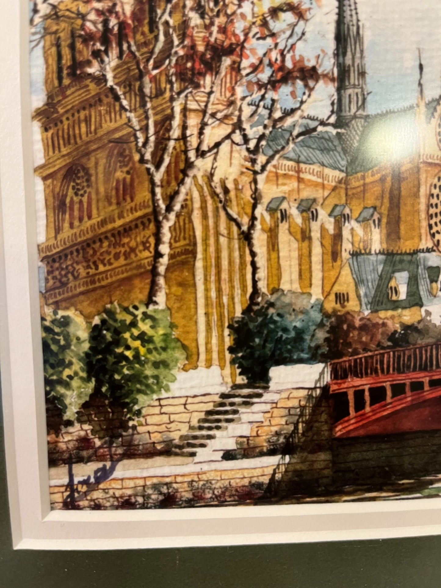 Framed Water Color of Notre Dame Signed