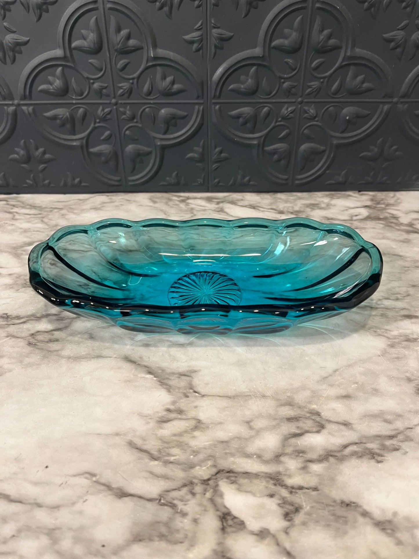 Turquoise blue glass oval dish