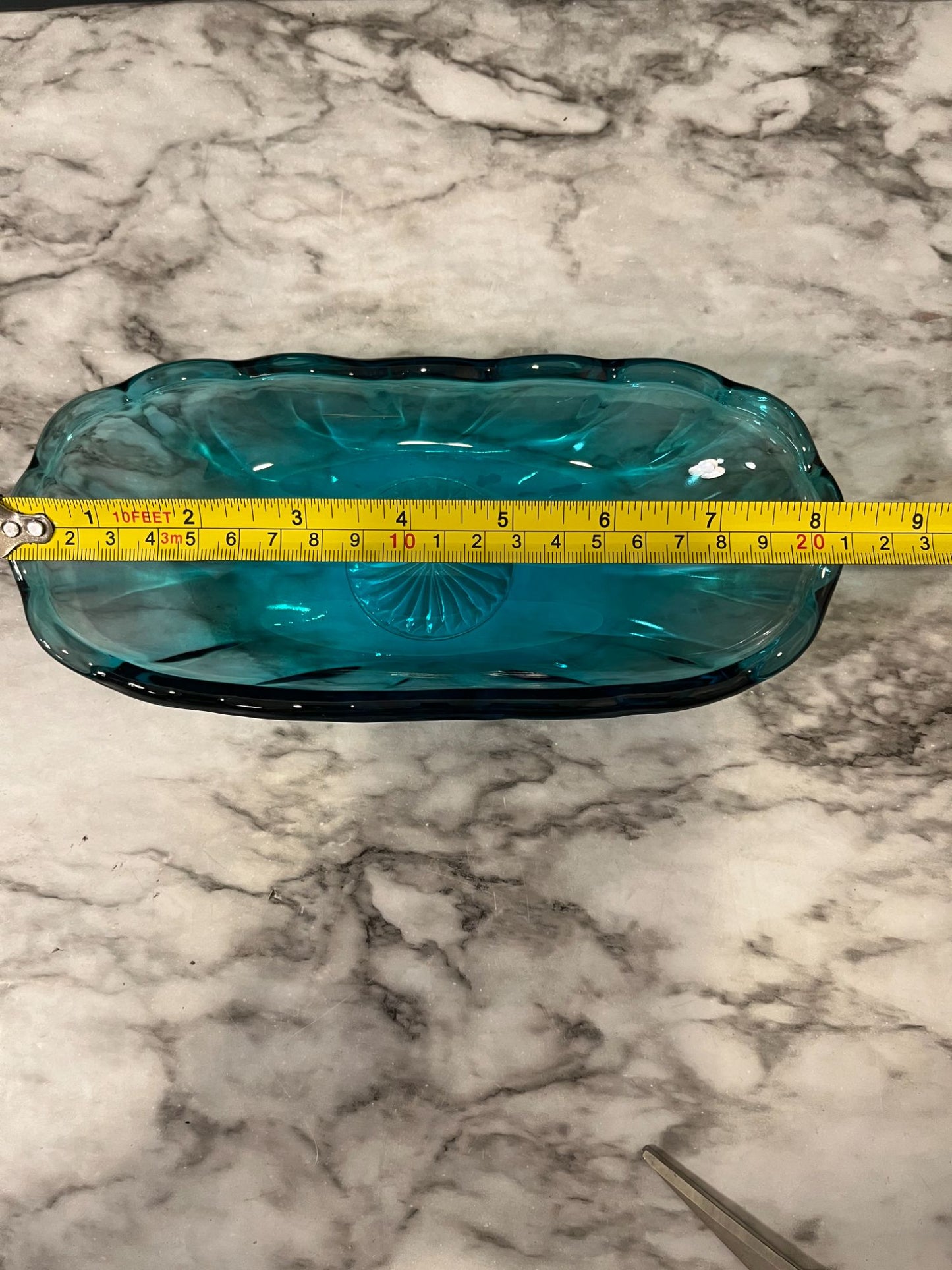 Turquoise blue glass oval dish