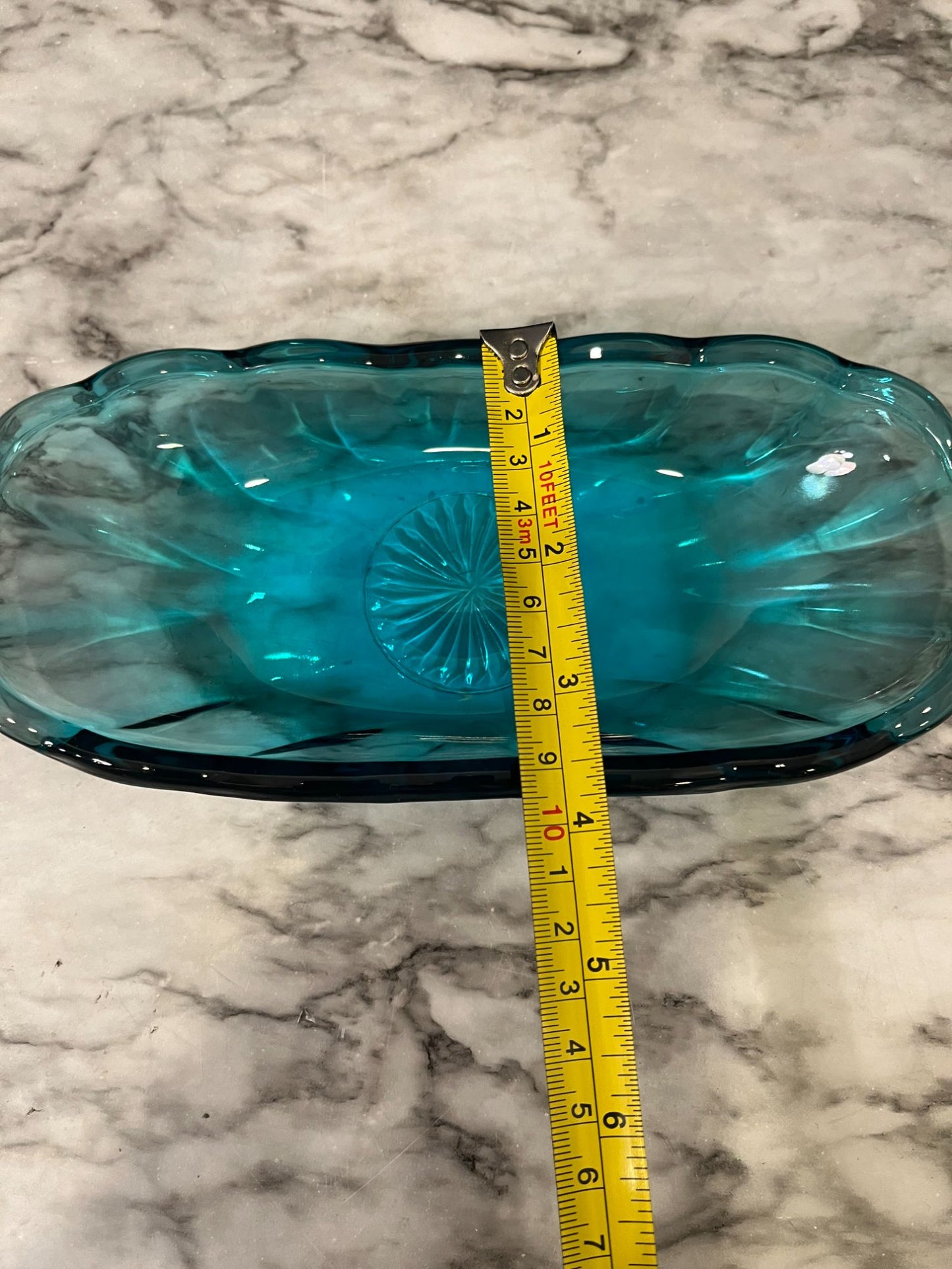 Turquoise blue glass oval dish