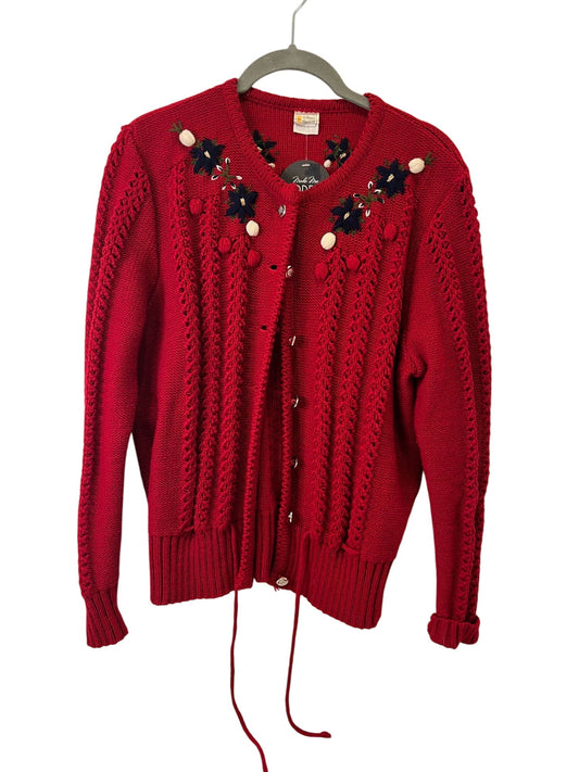 Vintage Knit Red Cardigan Sweater With Floral Embroidery & Pom Pom Details