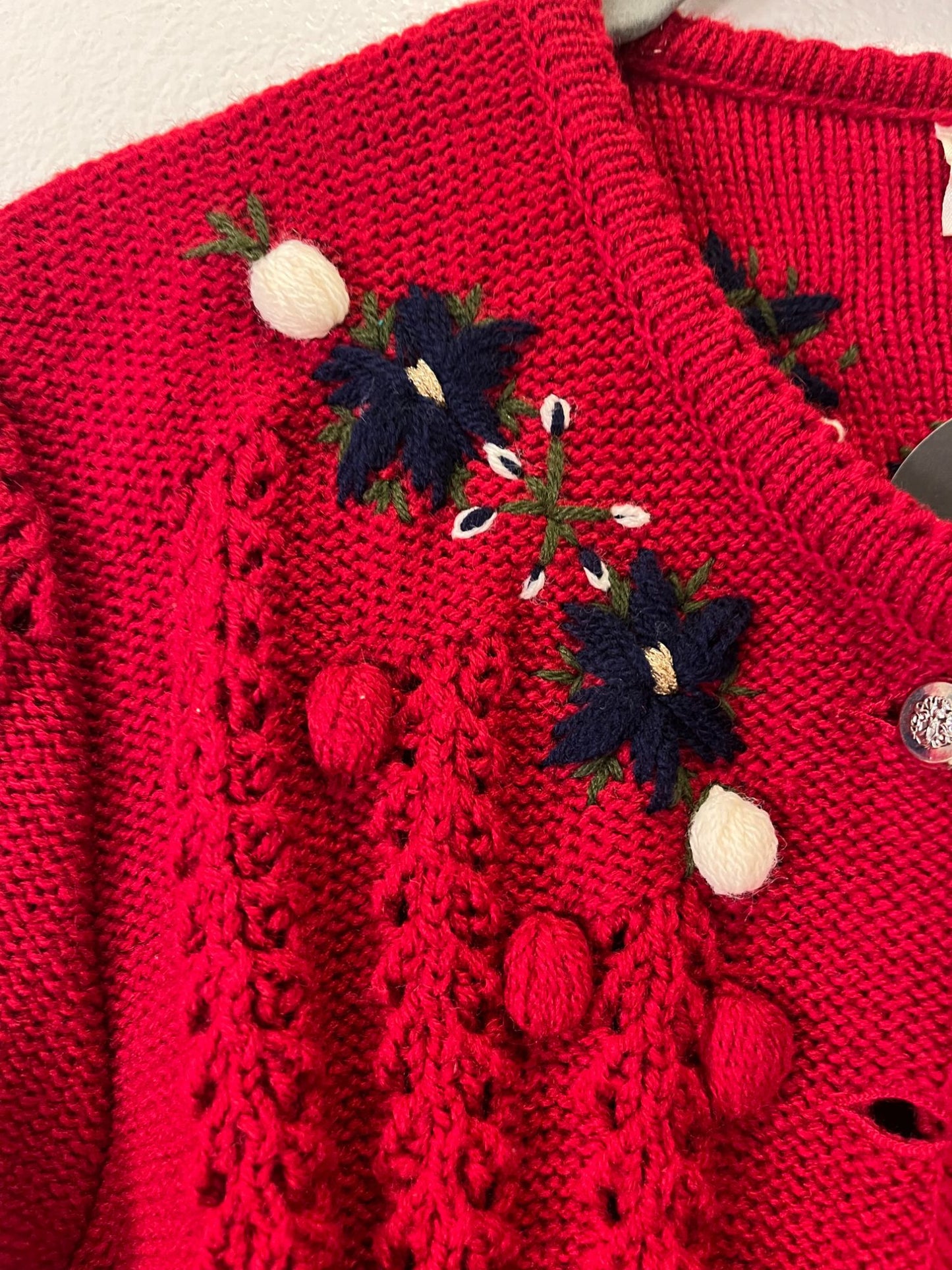 Vintage Knit Red Cardigan Sweater With Floral Embroidery & Pom Pom Details