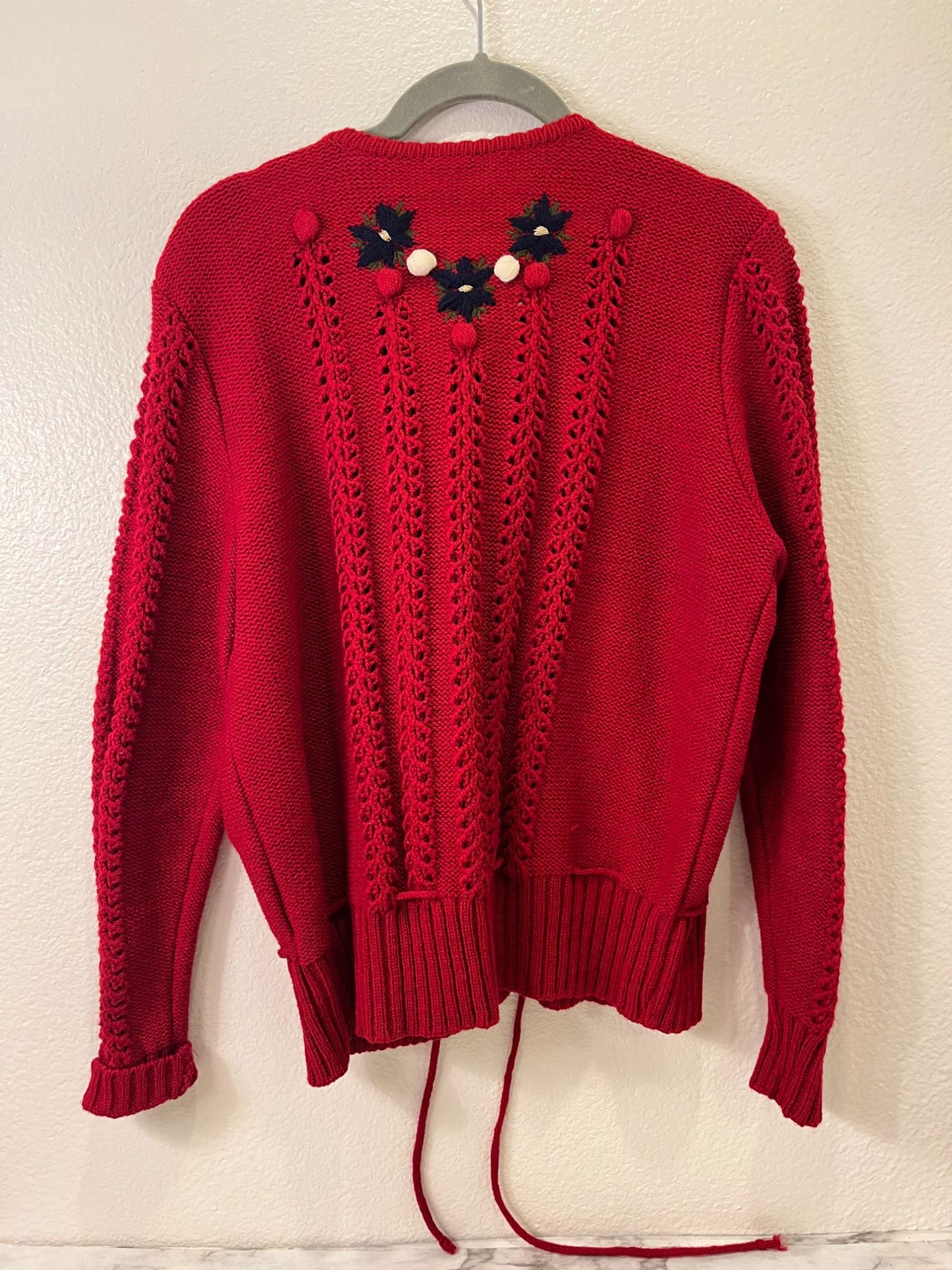 Vintage Knit Red Cardigan Sweater With Floral Embroidery & Pom Pom Details