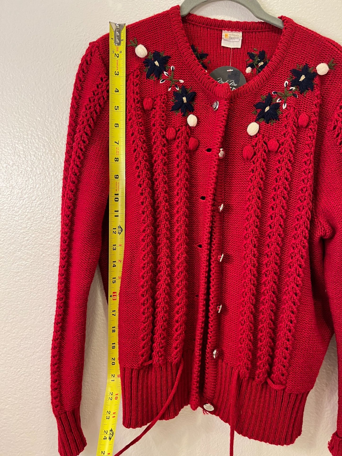 Vintage Knit Red Cardigan Sweater With Floral Embroidery & Pom Pom Details