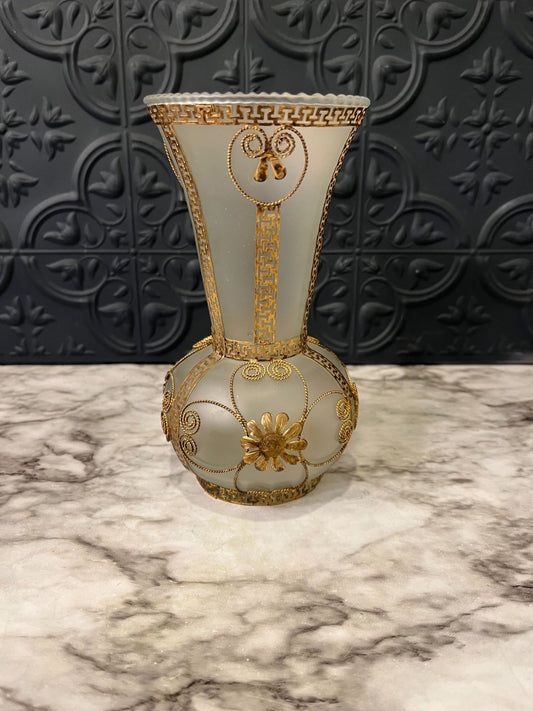 Vintage Glass Vase With Gold Decor Round