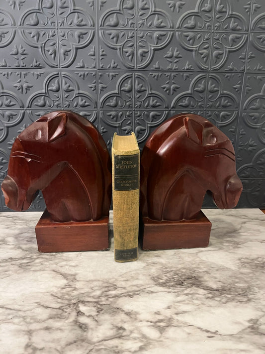 MCM Wood Carved Bookends Horses