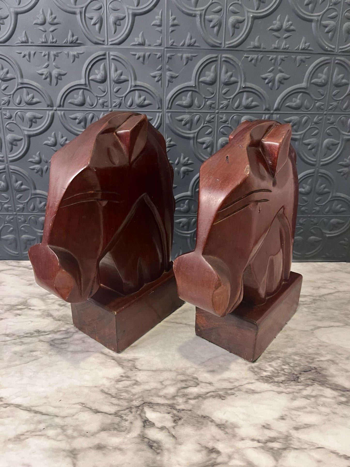 MCM Wood Carved Bookends Horses