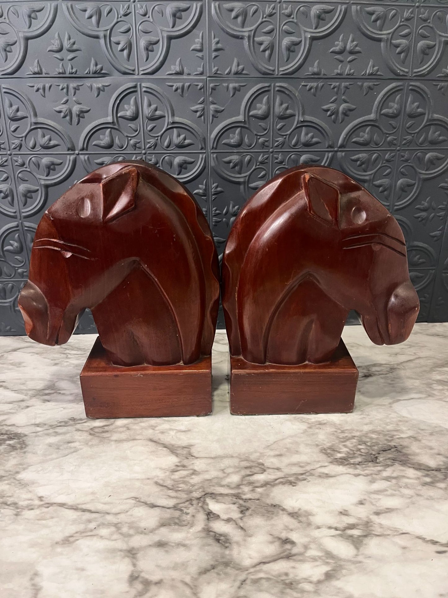 MCM Wood Carved Bookends Horses