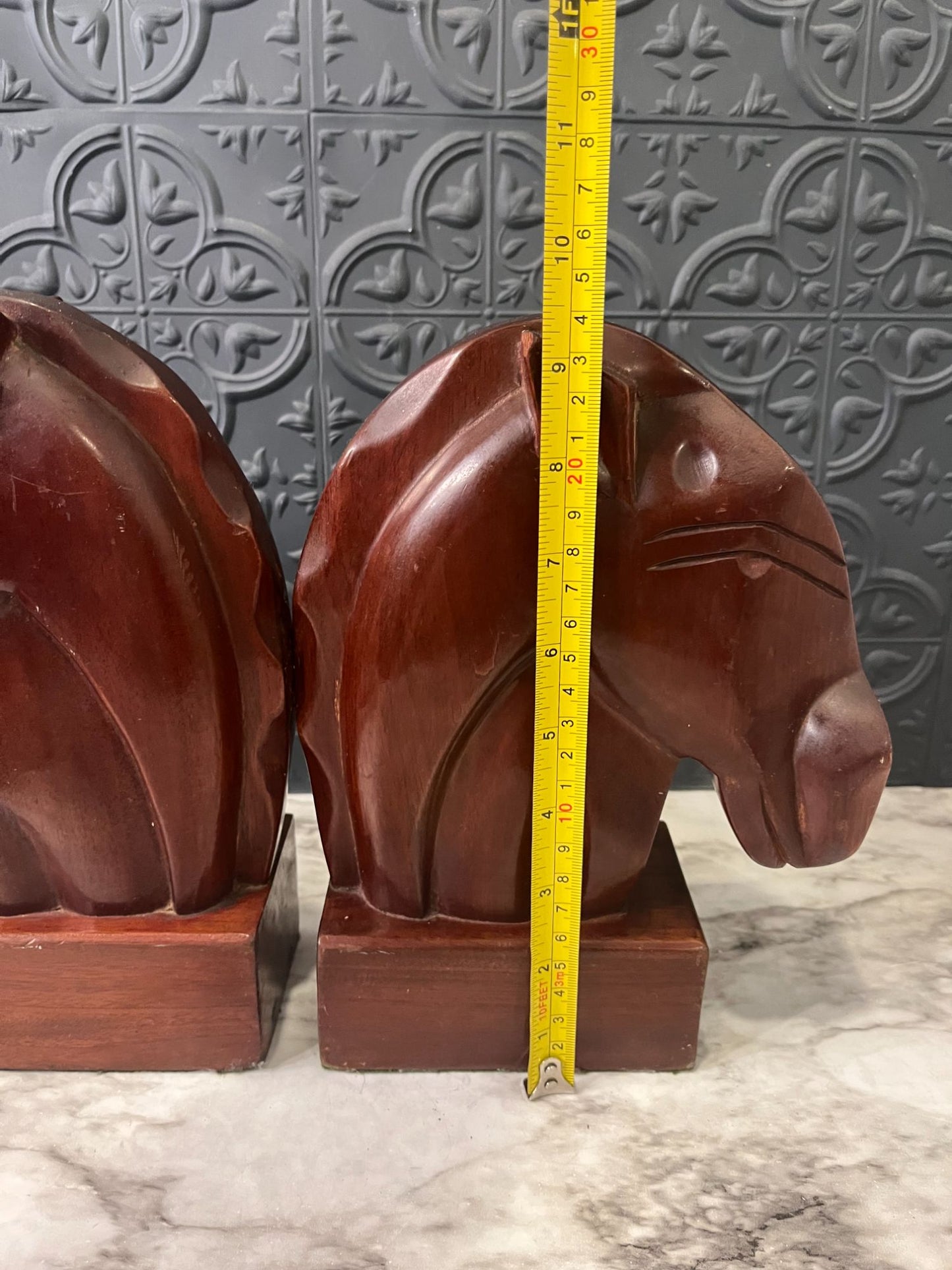 MCM Wood Carved Bookends Horses